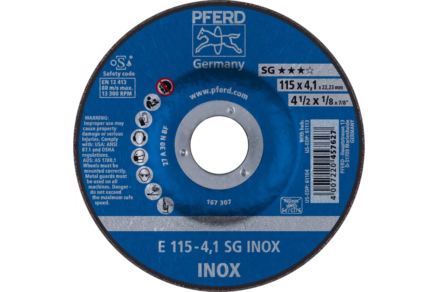 Picture of Pferd Grinding Wheel, 4-1/2" X 1/8 X 7/8, Sg Inox, T27, Aluminum Oxide